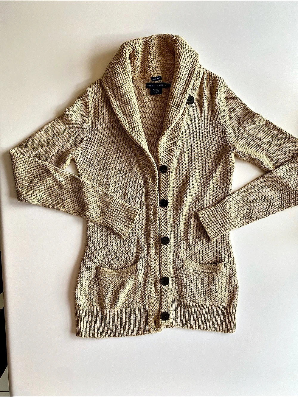 Ralph Lauren Hand Knit Shawl Collar Cardigan in Camel (Size Small)